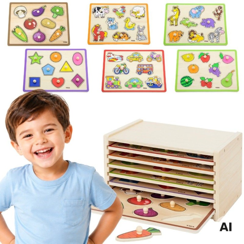VIGA Drevené vkladacie puzzle s úchytkami a stojanom (7 dielov)