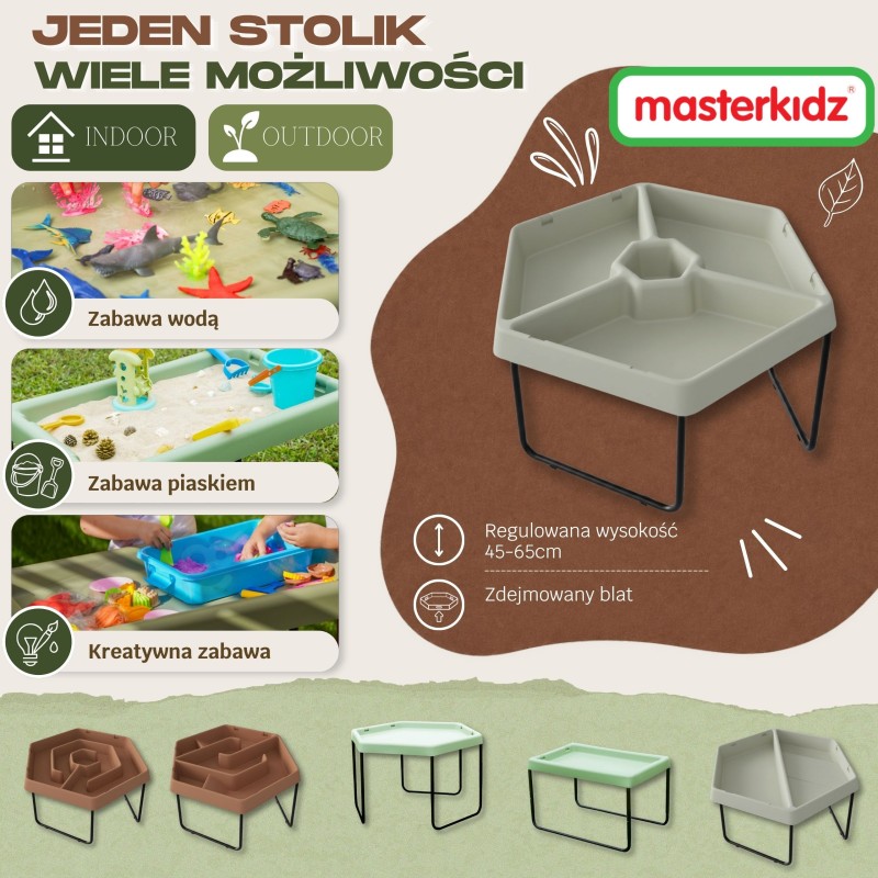 MASTERKIDZ Sześciokątny Stolik Sensoryczny Do Zabawy Piaskiem i Wodą 3 Komory Regulowana Wysokość
