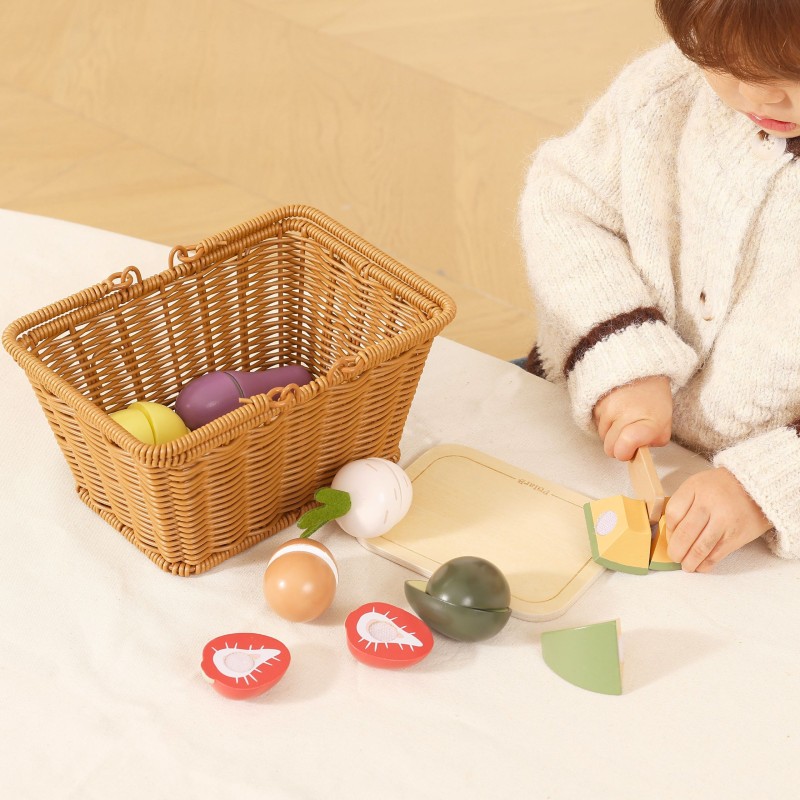 Viga Toys Drevený krájací set s ovocím a zeleninou