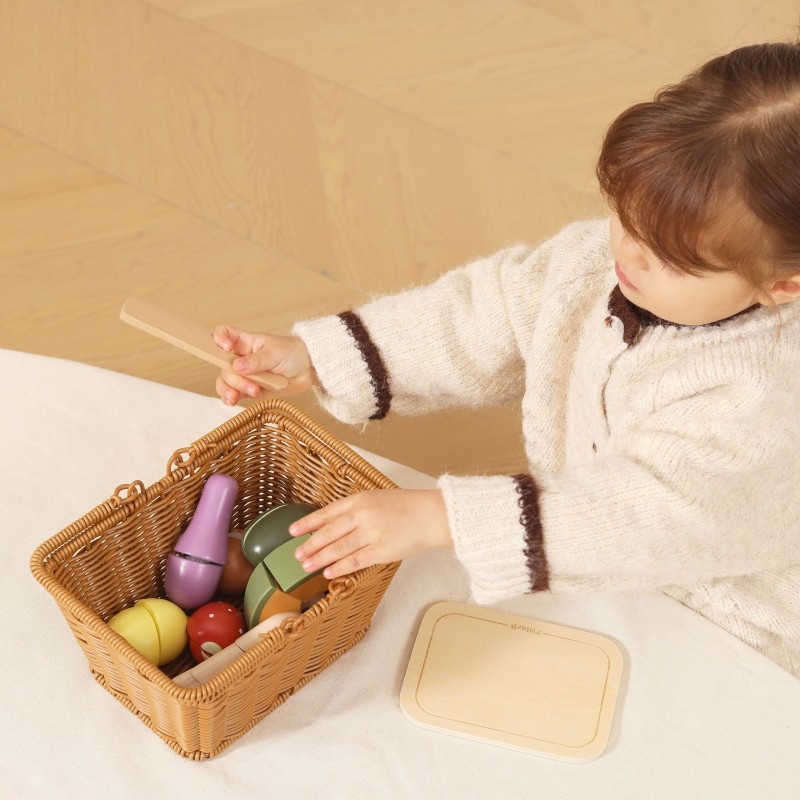 Viga Toys Drevený krájací set s ovocím a zeleninou