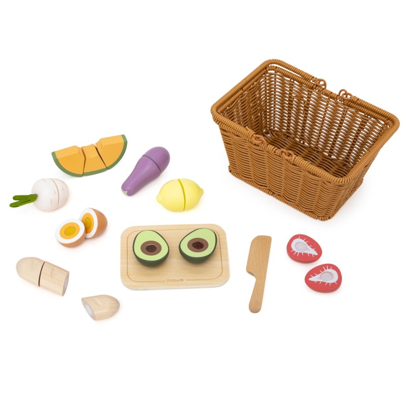 Viga Toys Drevený krájací set s ovocím a zeleninou