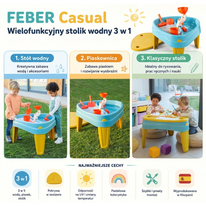 FEBER Stolik Wodny z Przykrywą CASUAL 3w1 Piaskownica Biurko Stolik Piknikowy Akc.