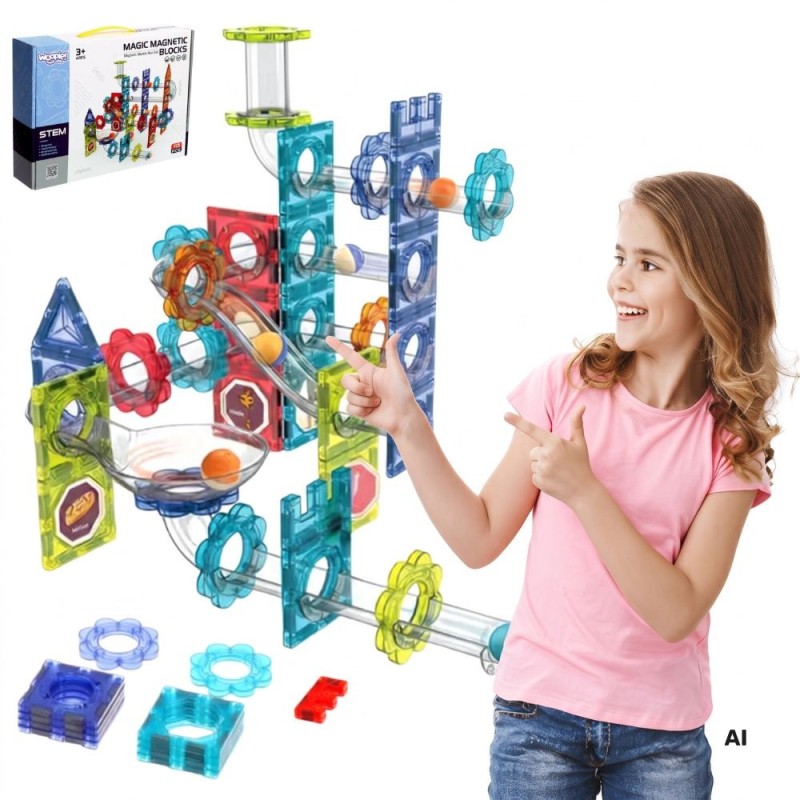 WOOPIE Klocki Magnetyczne Konstrukcyjne 3D Zestaw Edukacyjny Tor Kulkowy Kulodrom 113 el.