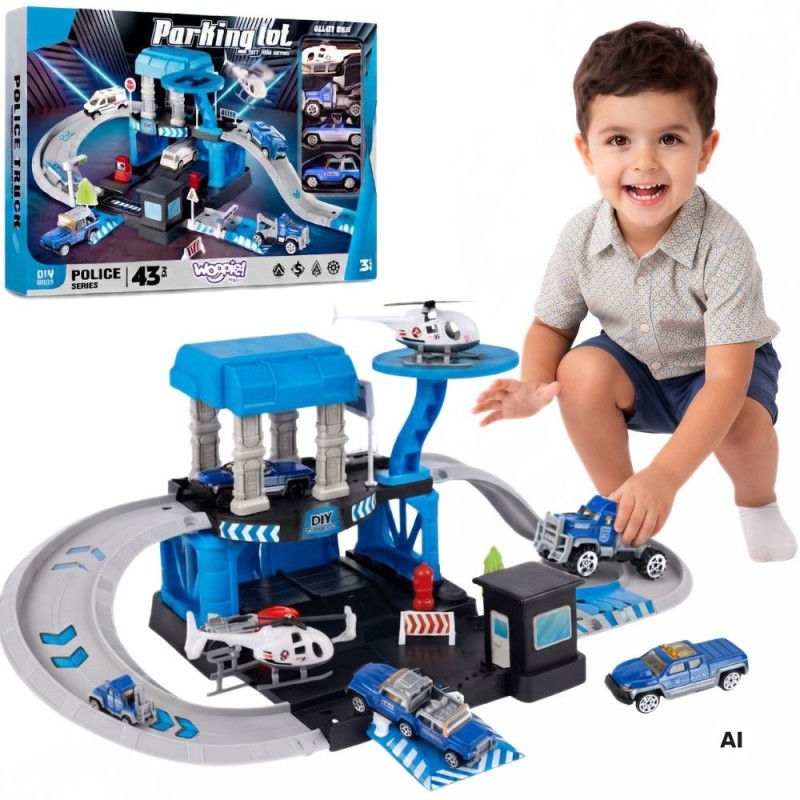 WOOPIE Garaż Piętrowy Parking Policyjny Zjeżdżalnia Auta Helikopter Policja