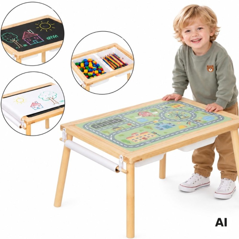 WOOPIE GREEN Drewniany Stolik Aktywności 4w1 Montessori Tablica Kredowa Pojemniki Mapa Miasta Papier Rysunkowy