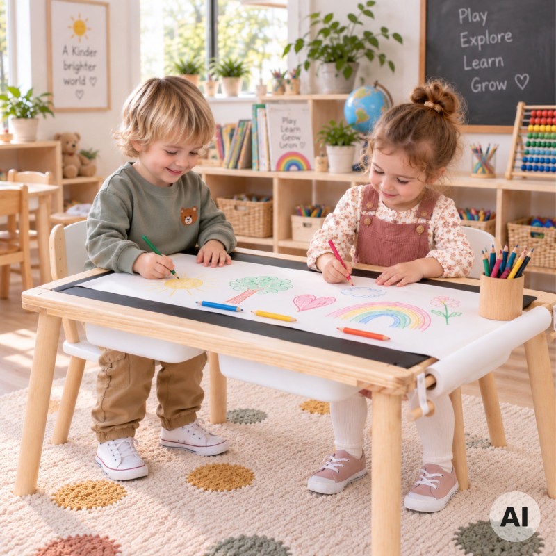 WOOPIE GREEN Drewniany Stolik Aktywności 4w1 Montessori Tablica Kredowa Pojemniki Mapa Miasta Papier Rysunkowy