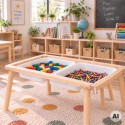 WOOPIE GREEN Drewniany Stolik Aktywności 4w1 Montessori Tablica Kredowa Pojemniki Mapa Miasta Papier Rysunkowy