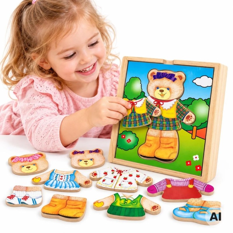 VIGA Drewniana Układanka Logiczna Puzzle Ubierz Misia Dziewczynkę