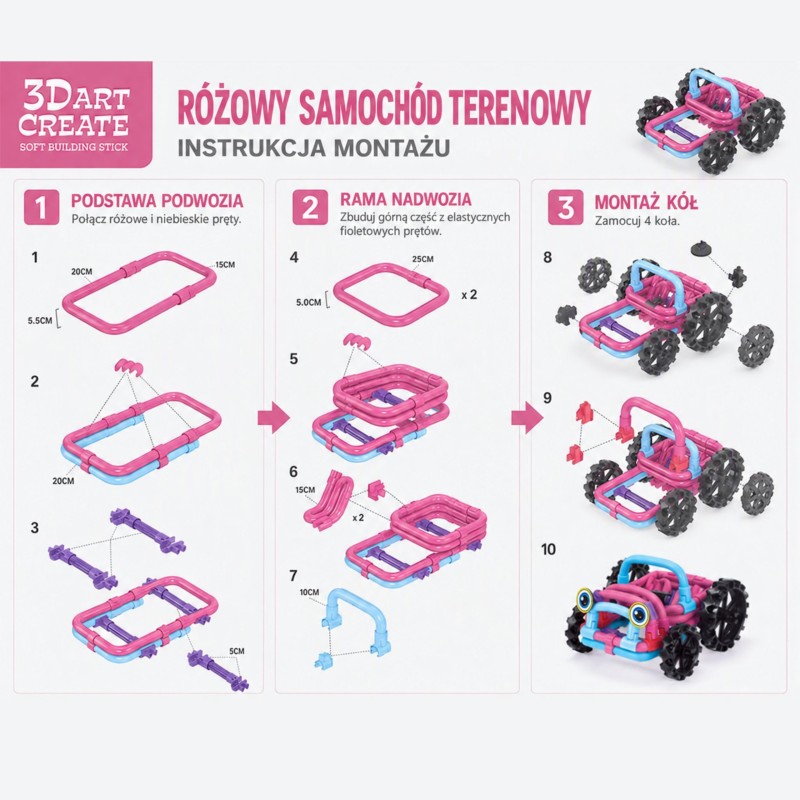 WOOPIE Mäkká 3D stavebnica, 44 dielikov, Ružové terénne auto