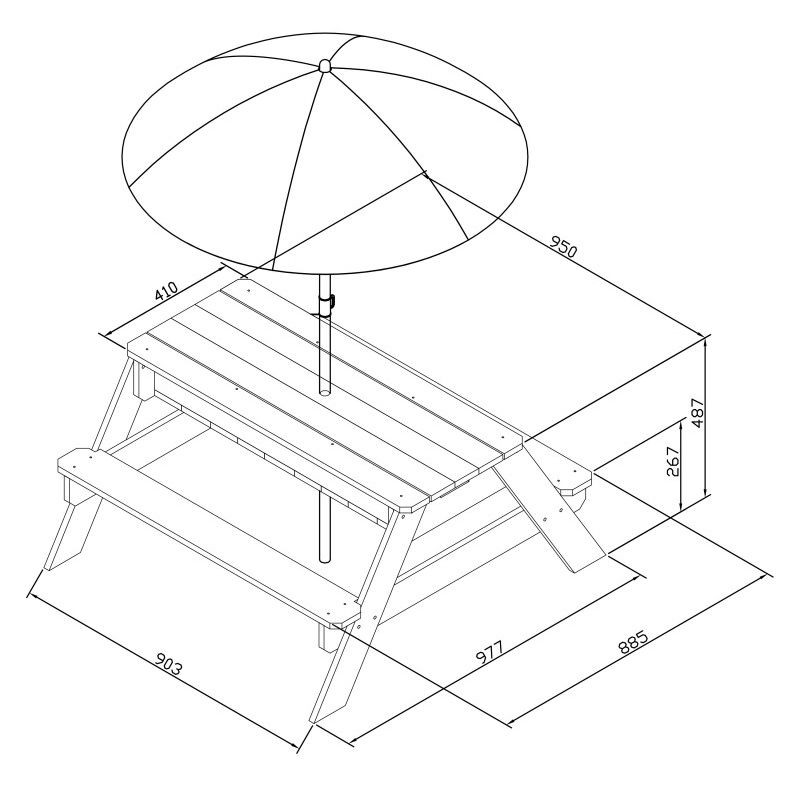 Piknikový stôl AXI Nick s lavičkou, slnečníkom a nádobami na vodu / piesok