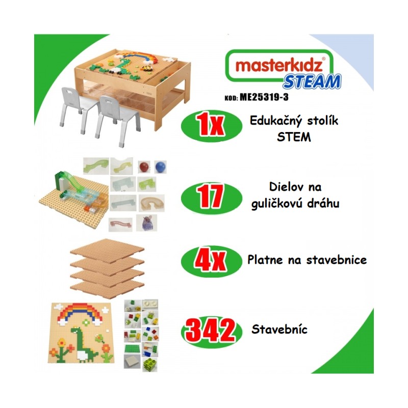 MASTERKIDZ Drevený Edukačný Stôl + Príslušenstvo STEM WALL + 359 Dielov