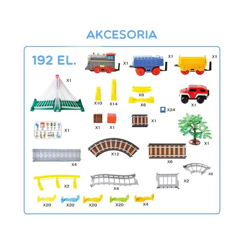 WOOPIE Kolejka Elektryczna 2w1 Tor Wyścigowy Pociąg Wiadukt Auto XXL 192 el.