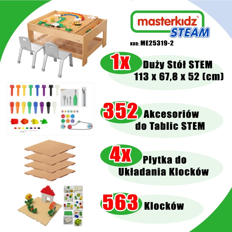 MASTERKIDZ Drewniany Stół Edukacyjny + AKCESORIA STEM WALL + 563 Klocków