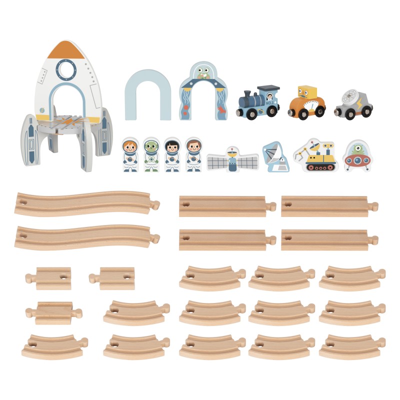 Tooky Toy Drevená vláčiková dráha Vesmír | Kreatívna súprava s raketou a UFO