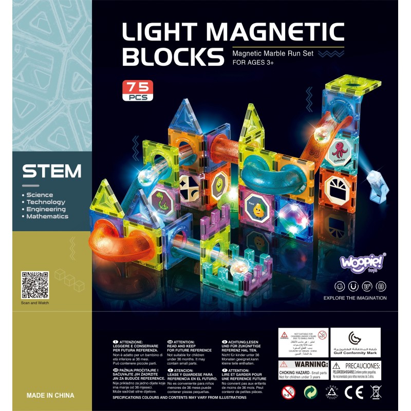 WOOPIE Klocki Magnetyczne Tor Kulkowy Świetlny 75 el.