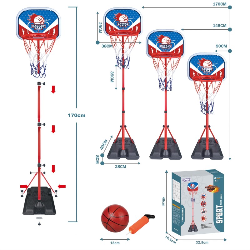 WOOPIE Nastaviteľný Basketbalový Kôš 90-170cm + Lopta