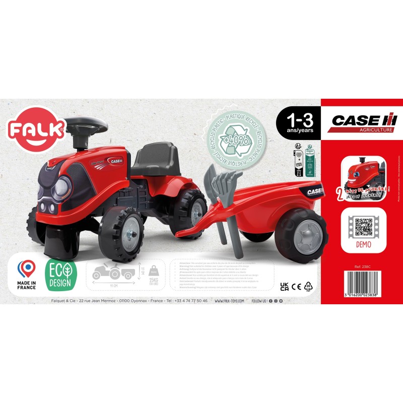 FALK Baby Case IH Ride-On Červený Detský Traktor s Vlečkou od 12 mesiacov