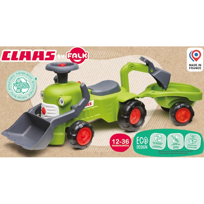 FALK Traktor Claas Odrážadlo s Lyžicou, Nakladačom a Vlečkou