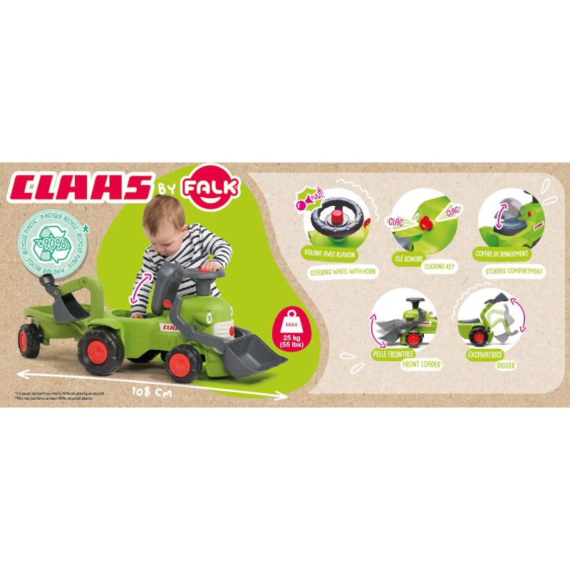 FALK Traktor Claas Odrážadlo s Lyžicou, Nakladačom a Vlečkou