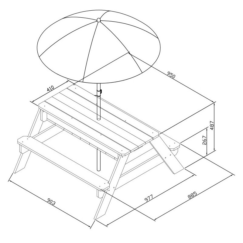 Piknikový Stôl AXI Nick s Lavičkou, Slnečníkom, Nádobami na Vodu a Piesok