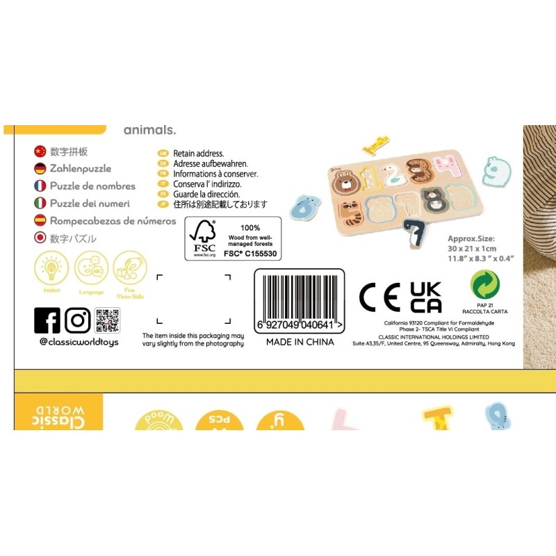 CLASSIC WORLD Montessori Drevené Puzzle - Vkladacie Čísla