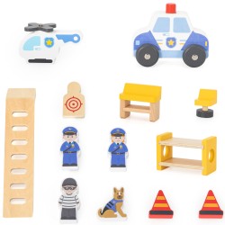 VIGA Drevená Policajná Stanica s Vozidlami a Figúrkami 14 Dielov