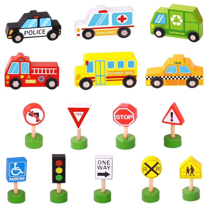 WOOPIE GREEN Sada Drevených Vozidiel a Dopravných Značiek