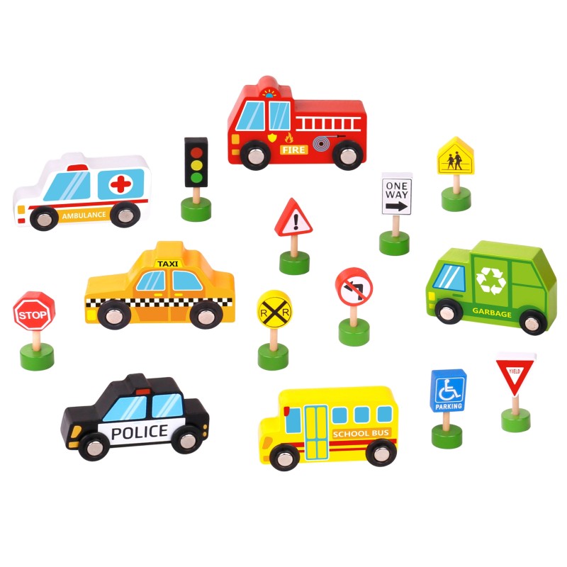 WOOPIE GREEN Sada Drevených Vozidiel a Dopravných Značiek