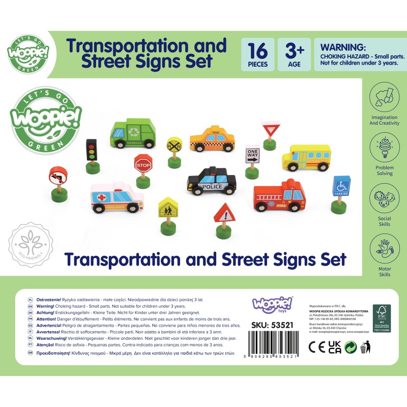 WOOPIE GREEN Sada Drevených Vozidiel a Dopravných Značiek