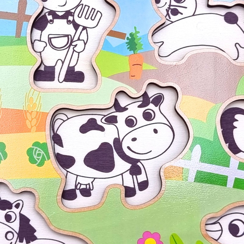WOOPIE GREEN Drevené Vkladacie Puzzle Montessori Farma