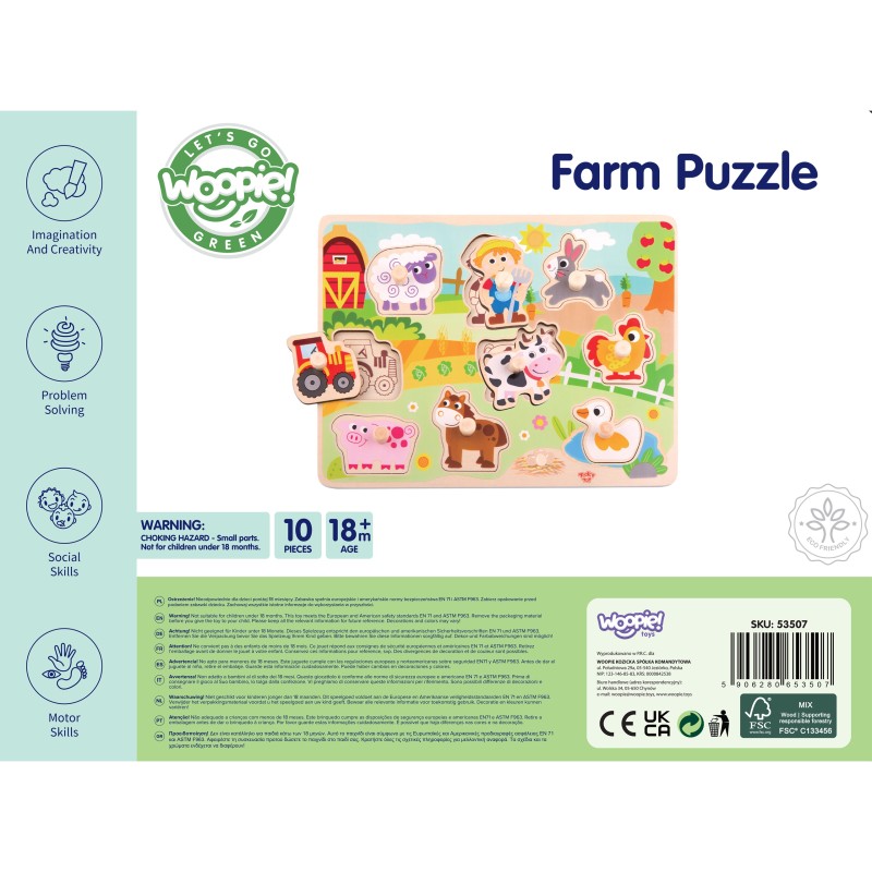 WOOPIE GREEN Drevené Vkladacie Puzzle Montessori Farma