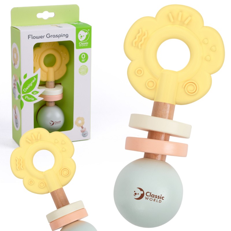 CLASSIC WORLD Drevená Pastelová Hrkálka a Hryzatko 2v1 - Kvet