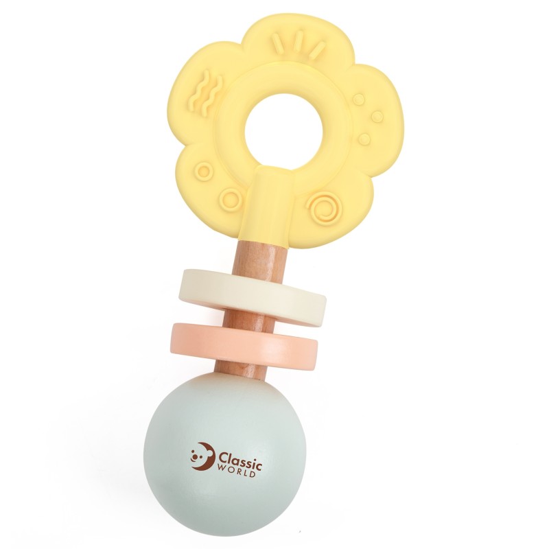 CLASSIC WORLD Drevená Pastelová Hrkálka a Hryzatko 2v1 - Kvet