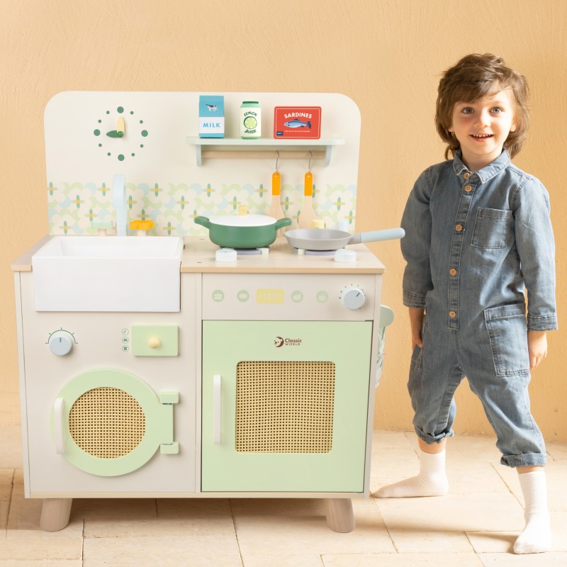 CLASSIC WORLD Drevená Kuchyňa XXL s Práčkou a Príslušenstvom