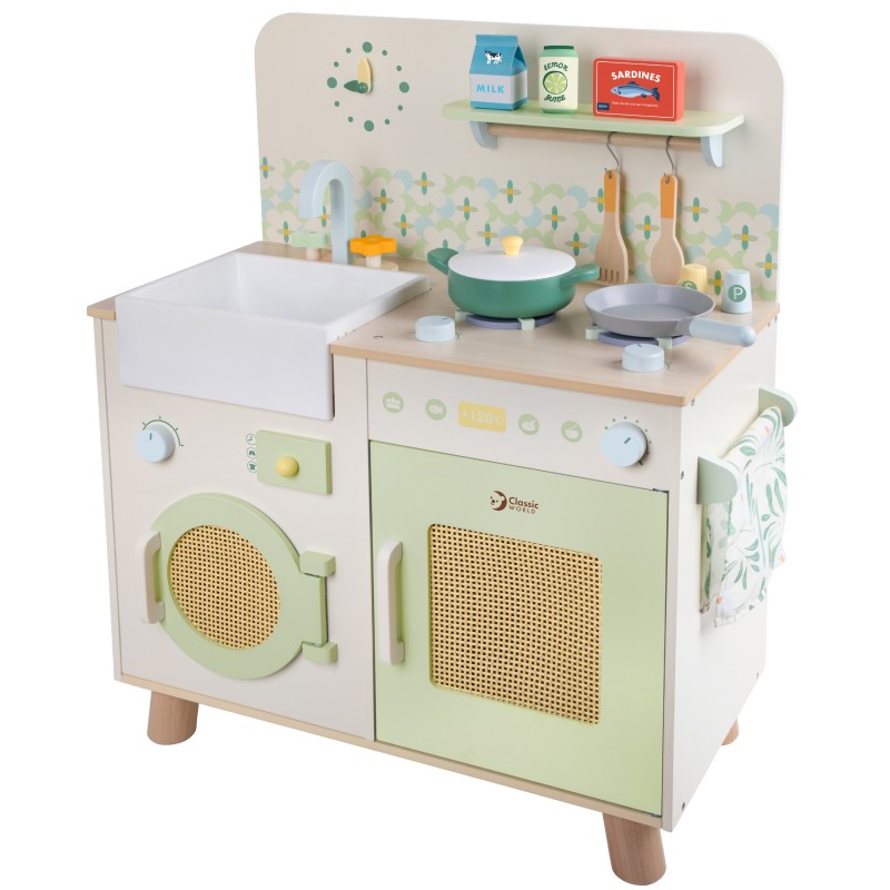 CLASSIC WORLD Drevená Kuchyňa XXL s Práčkou a Príslušenstvom