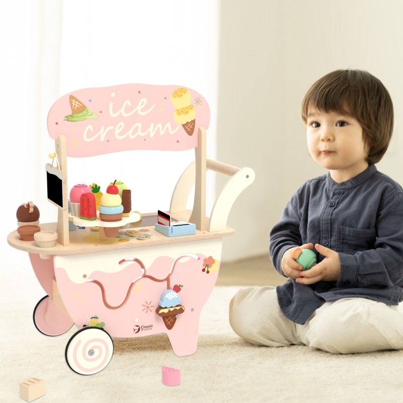 CLASSIC WORLD Drevený Zmrzlinársky Vozík s Príslušenstvom 3v1