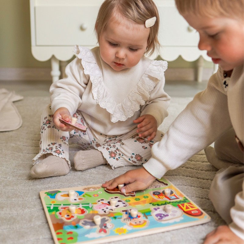 WOOPIE GREEN Drewniane Puzzle Montessori Farma z Pinezkami Do Dopasowania