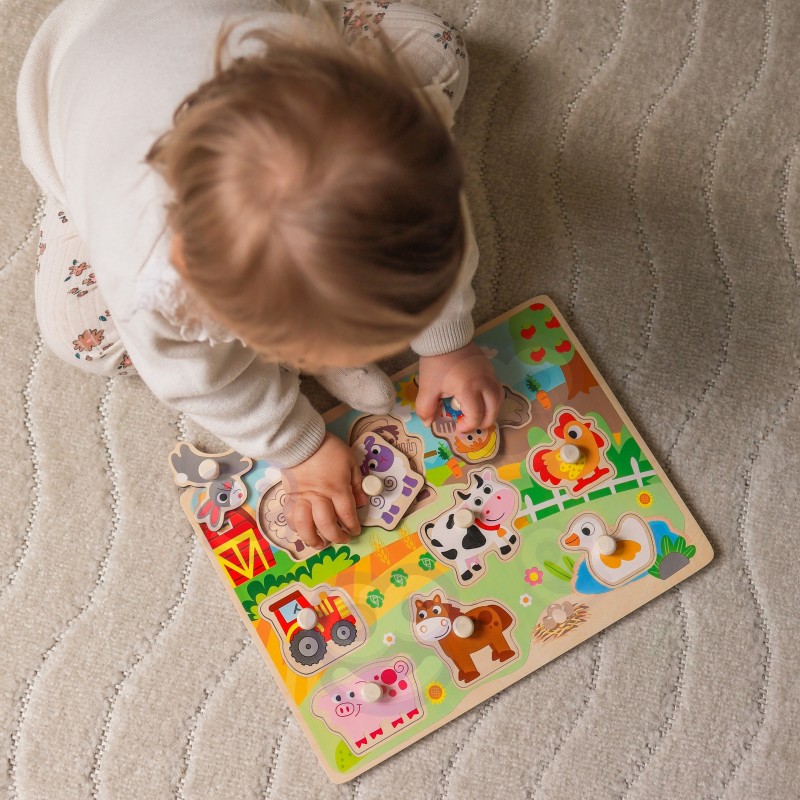 WOOPIE GREEN Drewniane Puzzle Montessori Farma z Pinezkami Do Dopasowania