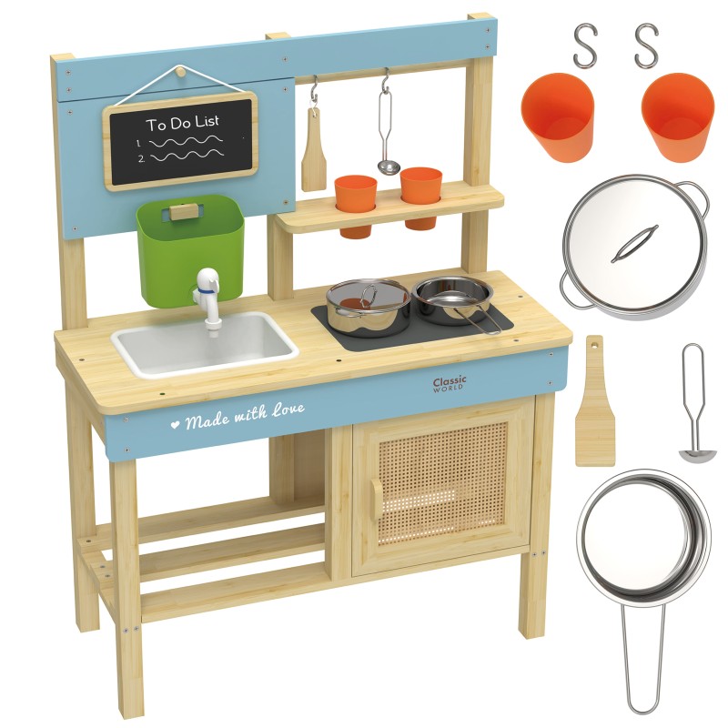 CLASSIC WORLD Drevená kuchynka XXL | Záhradná kuchyňa s tečúcou vodou a tabuľou