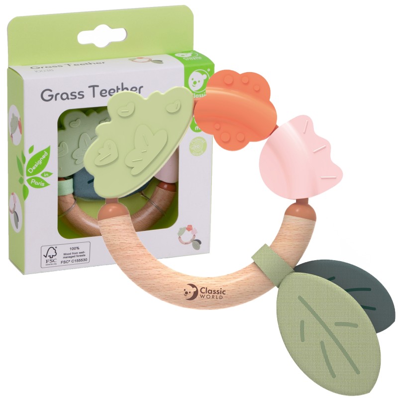 CLASSIC WORLD Drevená hrkálka a hryzadlo 2v1 | Senzorická hračka pre bábätká