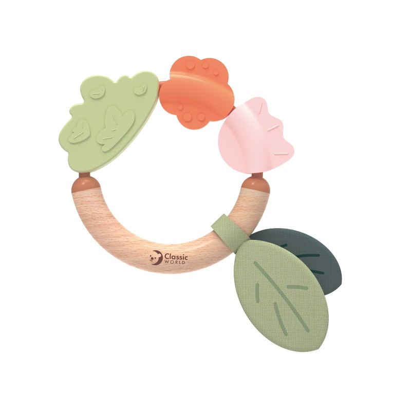 CLASSIC WORLD Drevená hrkálka a hryzadlo 2v1 | Senzorická hračka pre bábätká