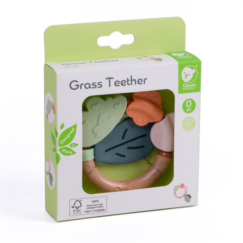 CLASSIC WORLD Drevená hrkálka a hryzadlo 2v1 | Senzorická hračka pre bábätká