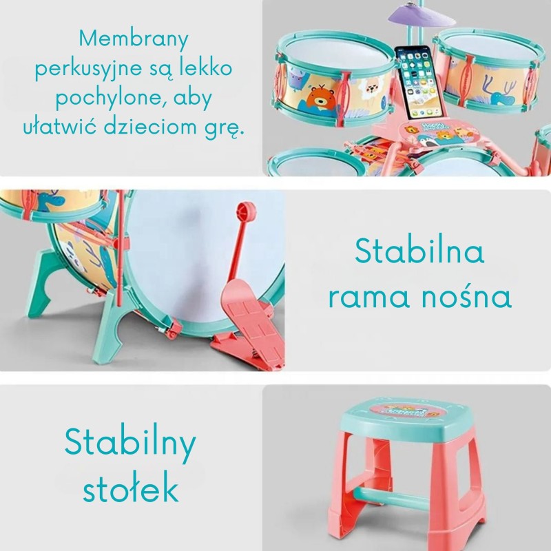WOOPIE Detská bicia súprava so stoličkou | Veľká sada 5 bubnov s držiakom na mobil