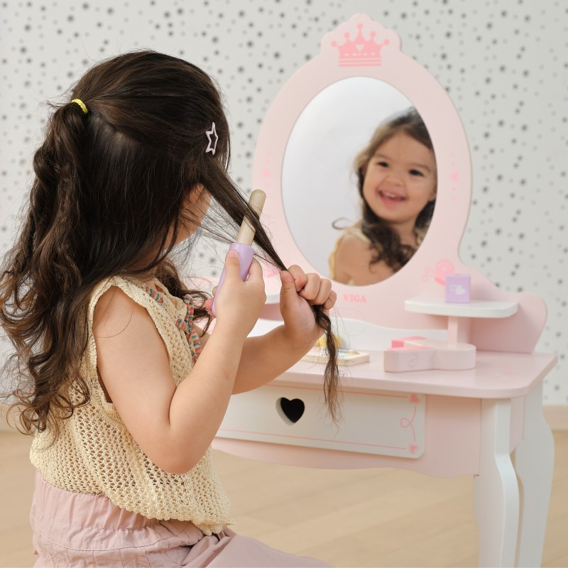 VIGA Duża Toaletka Drewniana Biało-Różowa z Lustrem i Krzesełkiem