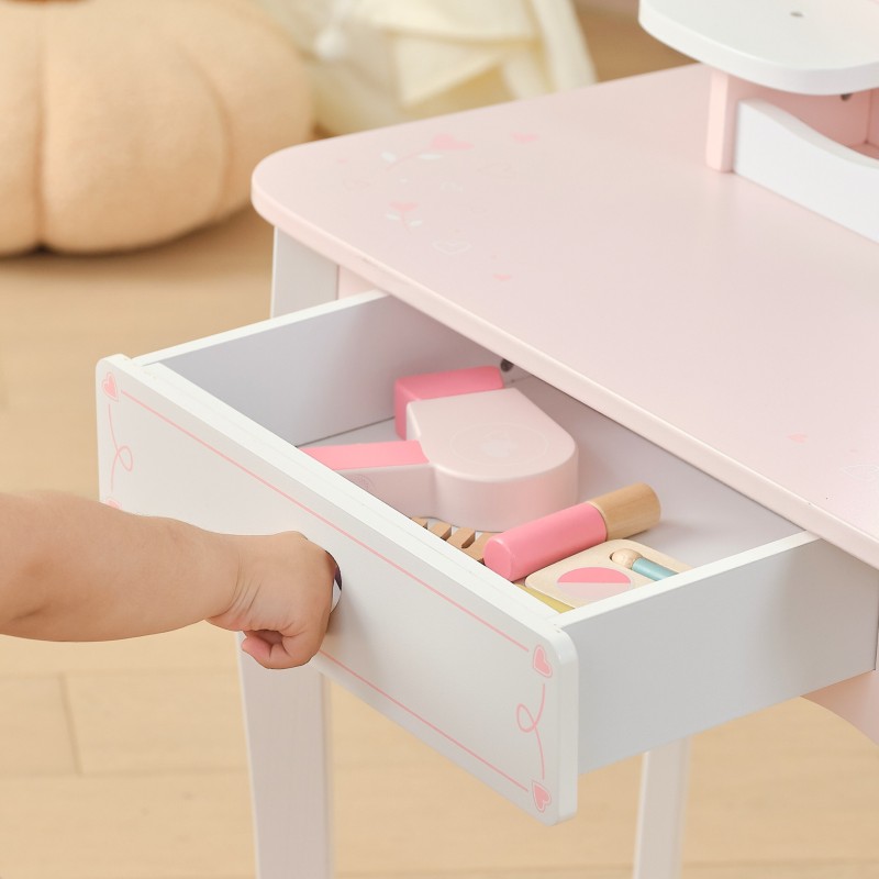 VIGA Duża Toaletka Drewniana Biało-Różowa z Lustrem i Krzesełkiem