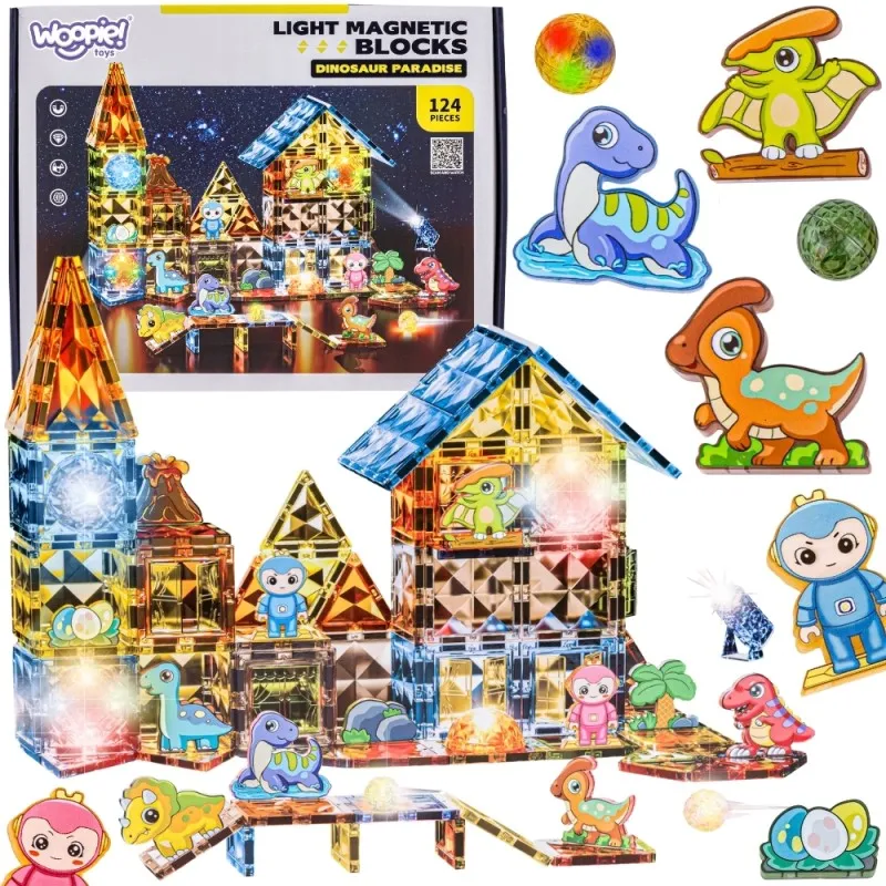 WOOPIE Svietiaca magnetická stavebnica Dinopark | Veľká sada Jurský svet 124 ks