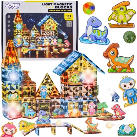 WOOPIE Svietiaca magnetická stavebnica Dinopark | Veľká sada Jurský svet 124 ks