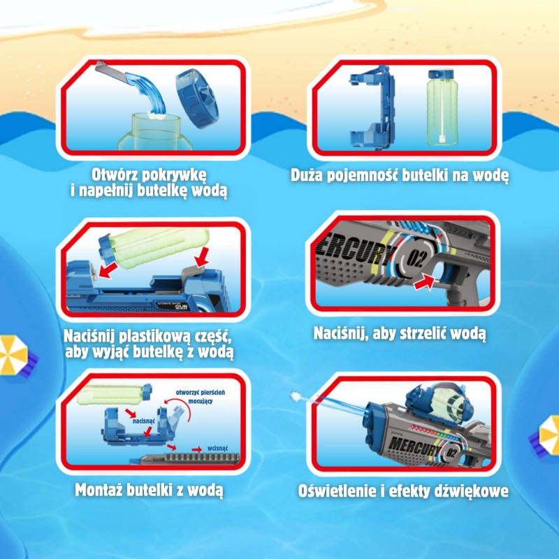 WOOPIE Elektrický vodný samopal Merkúr | Automatická pištoľ na vodu s 3 zásobníkmi