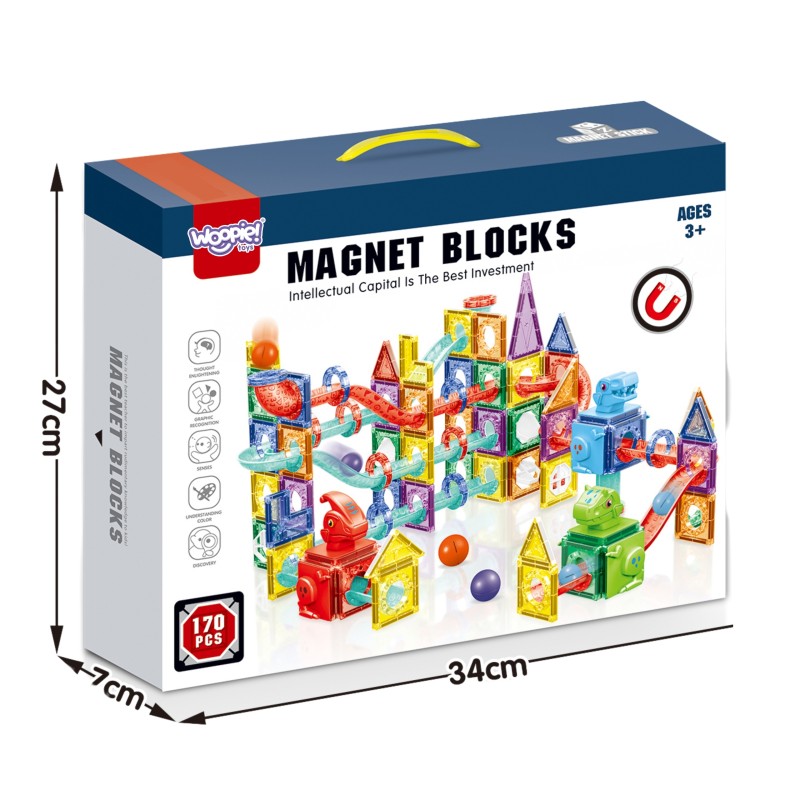 WOOPIE Klocki Magnetyczne Konstrukcyjne 3D Zestaw Edukacyjny Tor Kulkowy Kulodrom 170el.