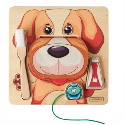 ASTERKIDZ Edukačná tabuľa Umývanie zúbkov | Drevený Montessori psík na nácvik hygieny
